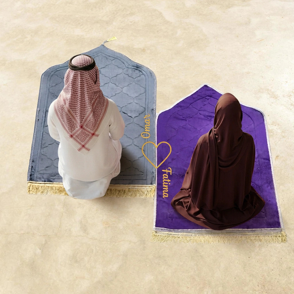 Personalized Couple Prayer Mat Set Grey and Purple Velvet Dome Janamaz