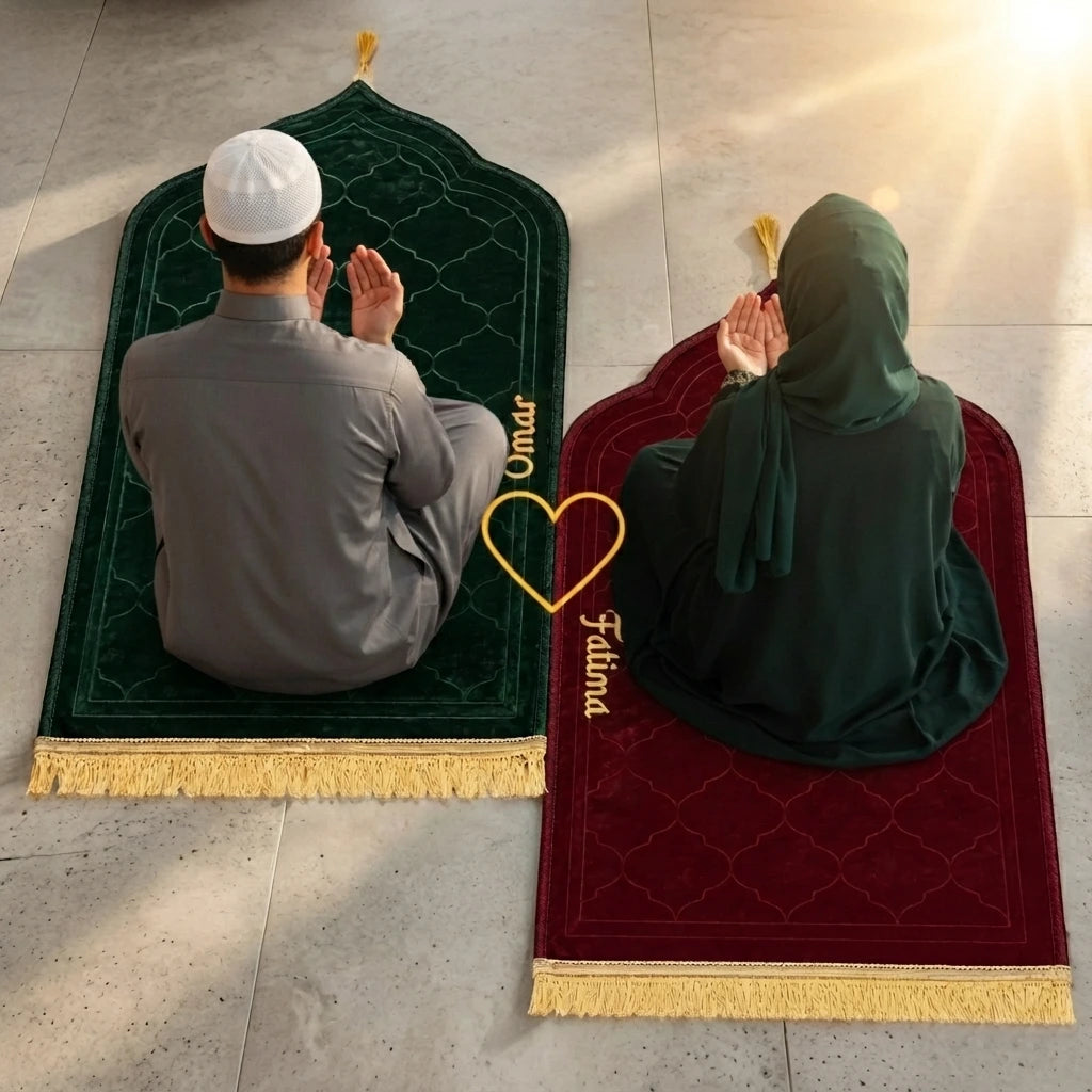 Personalized Couple Prayer Mat Set Maroon and Green Velvet Dome Janamaz