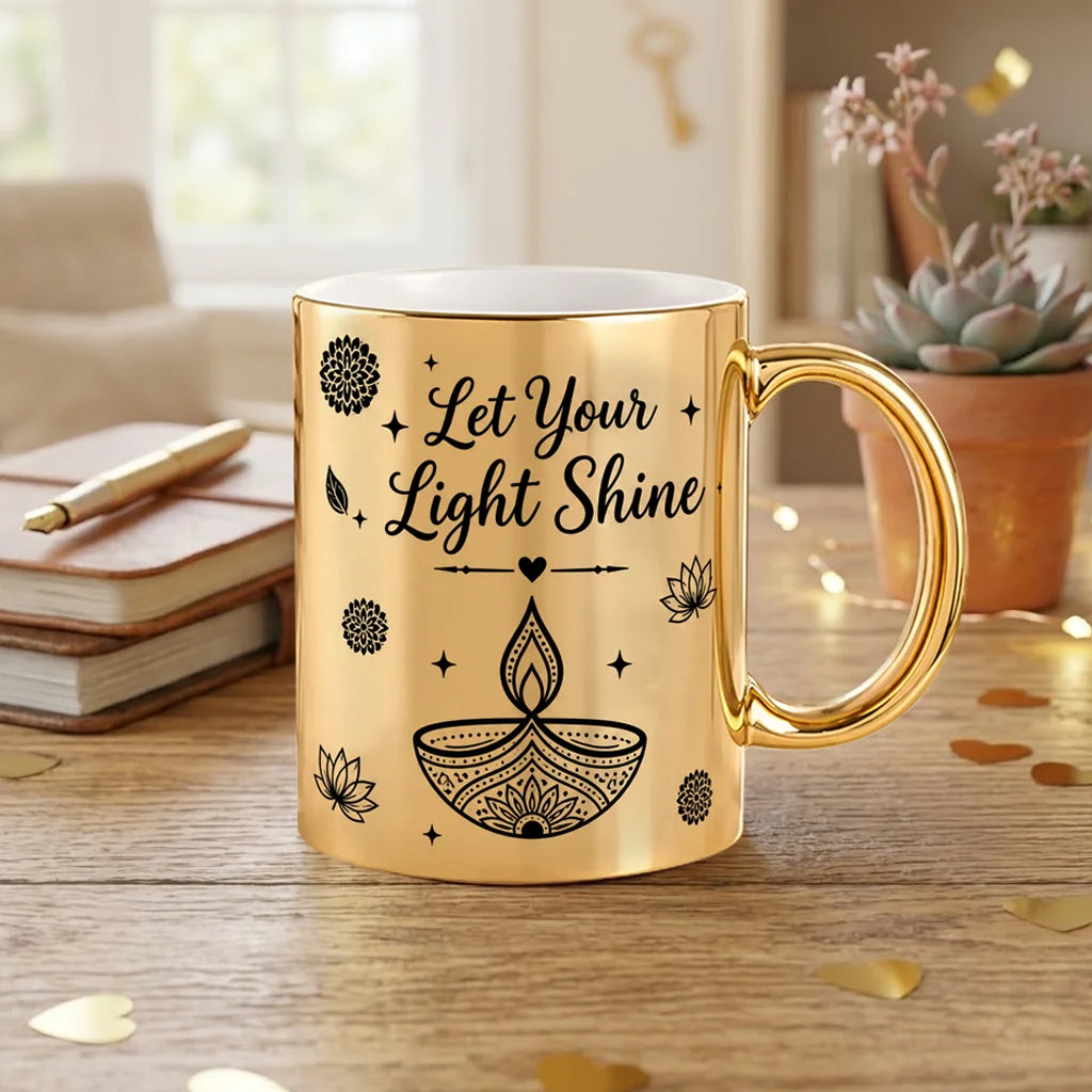 Let Your Light Shine Festive Diya Black Ceramic Mug | Diwali Gift Coffee Mug (350 ml)
