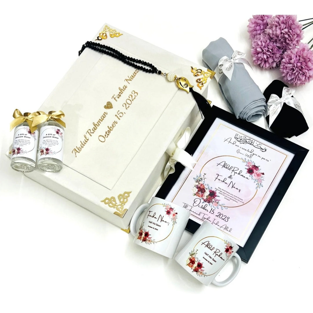 Luxury Personalized Couples Hamper Box Islamic Gift | Nikah, Engagement, Wedding Gift with Zamzam, Personalized Frame & Mugs
