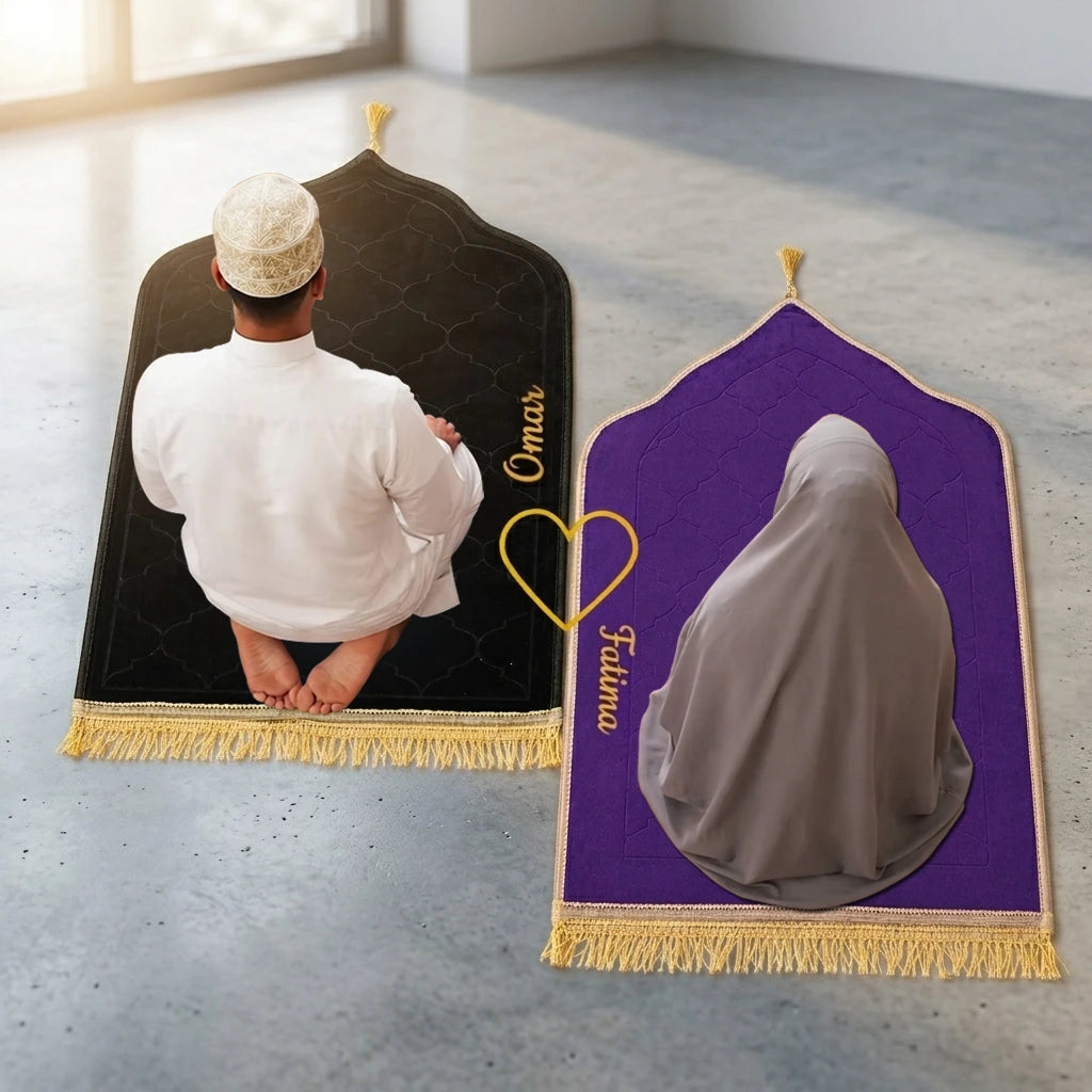 Personalized Couple Prayer Mat Set Black and Purple Velvet Dome Janamaz