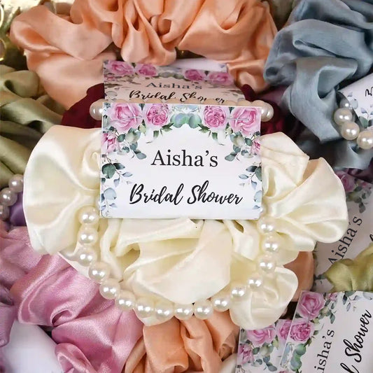 Personalized Pearl Bracelet and Satin Scrunchie Favor Set with Pink Floral Bridal Shower Card 2