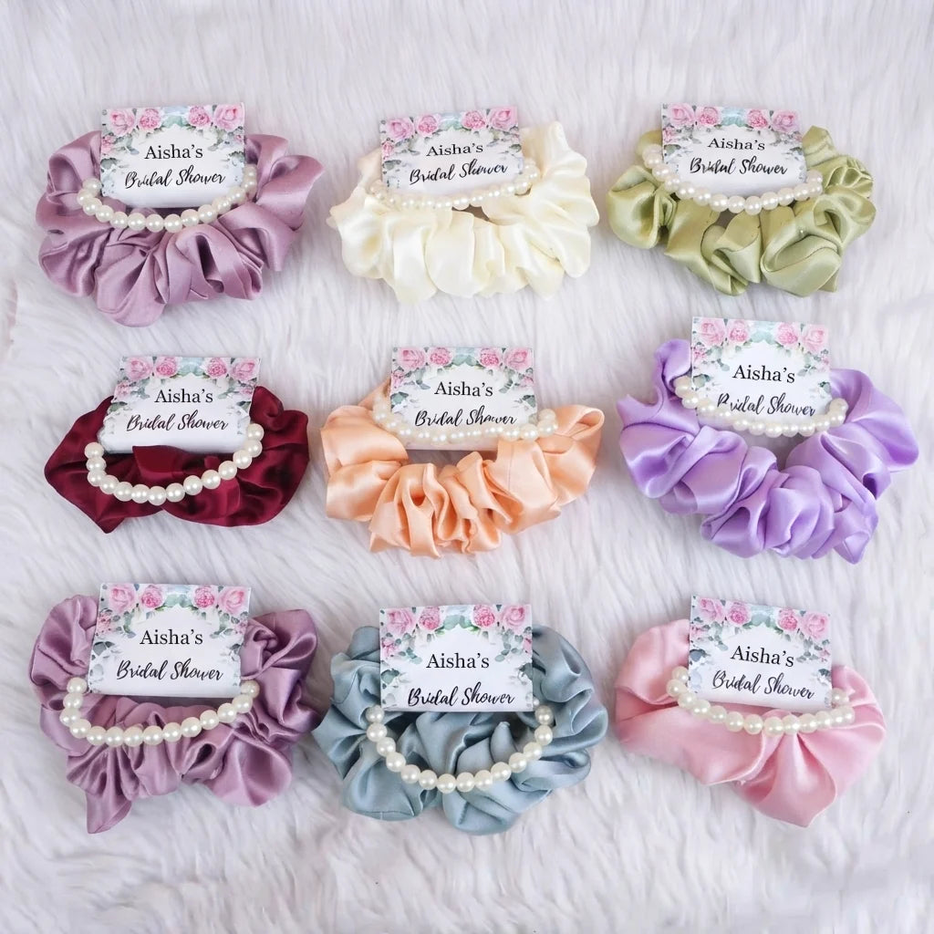 Personalized Pearl Bracelet and Satin Scrunchie Favor Set with Pink Floral Bridal Shower Card 3