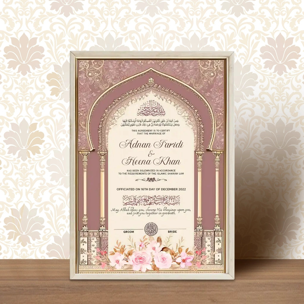 Noor-e-Zahabi personalized Nikah Nama frame with gold Islamic architectural arches and pink floral illustrations.