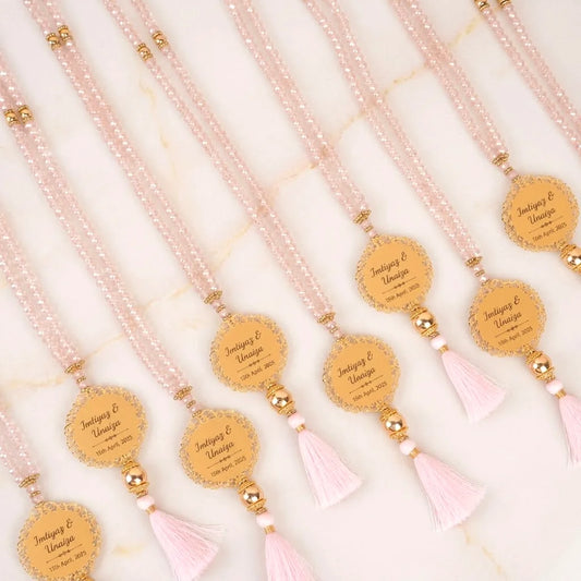 Personalized Metallic Faceted Crystal Tasbih Favor with Custom Gold Filigree Medallion and Tassel 2