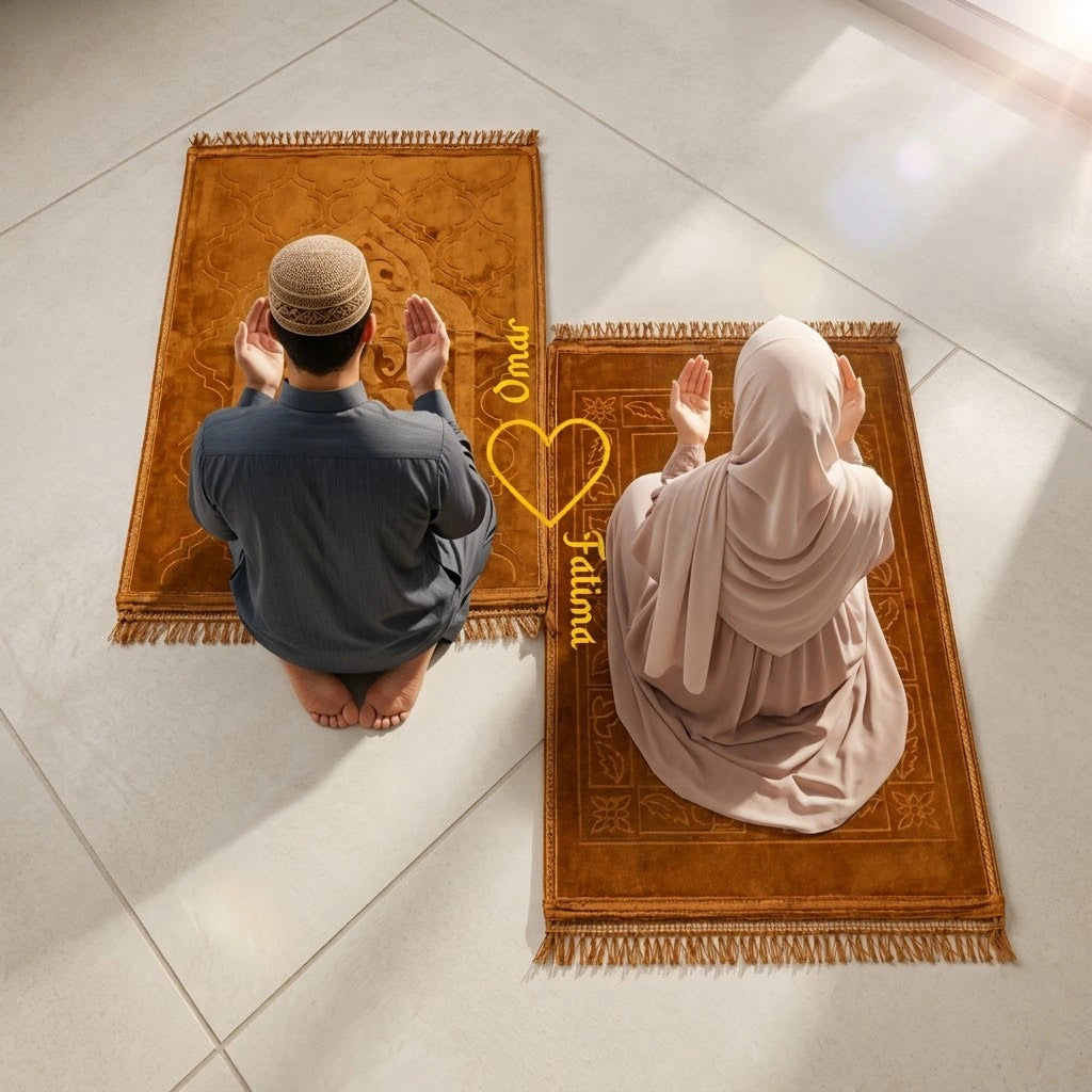 Personalized Couple Prayer Mat Set Golden Velvet Rectangle Janamaz