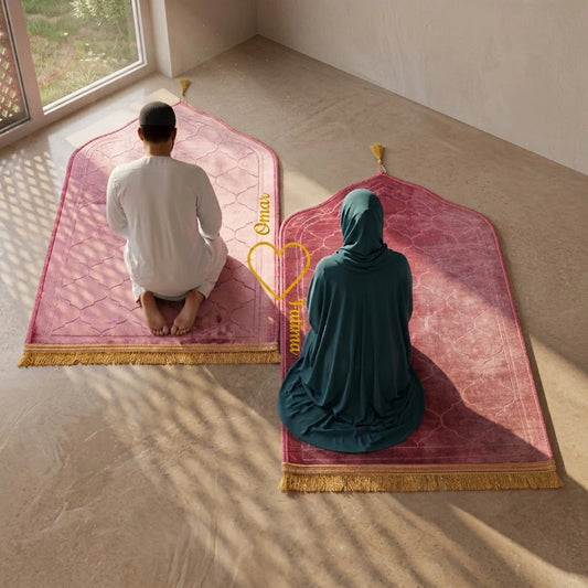 Personalized Pink Velvet Couple Prayer Mat Set with Gold Calligraphy