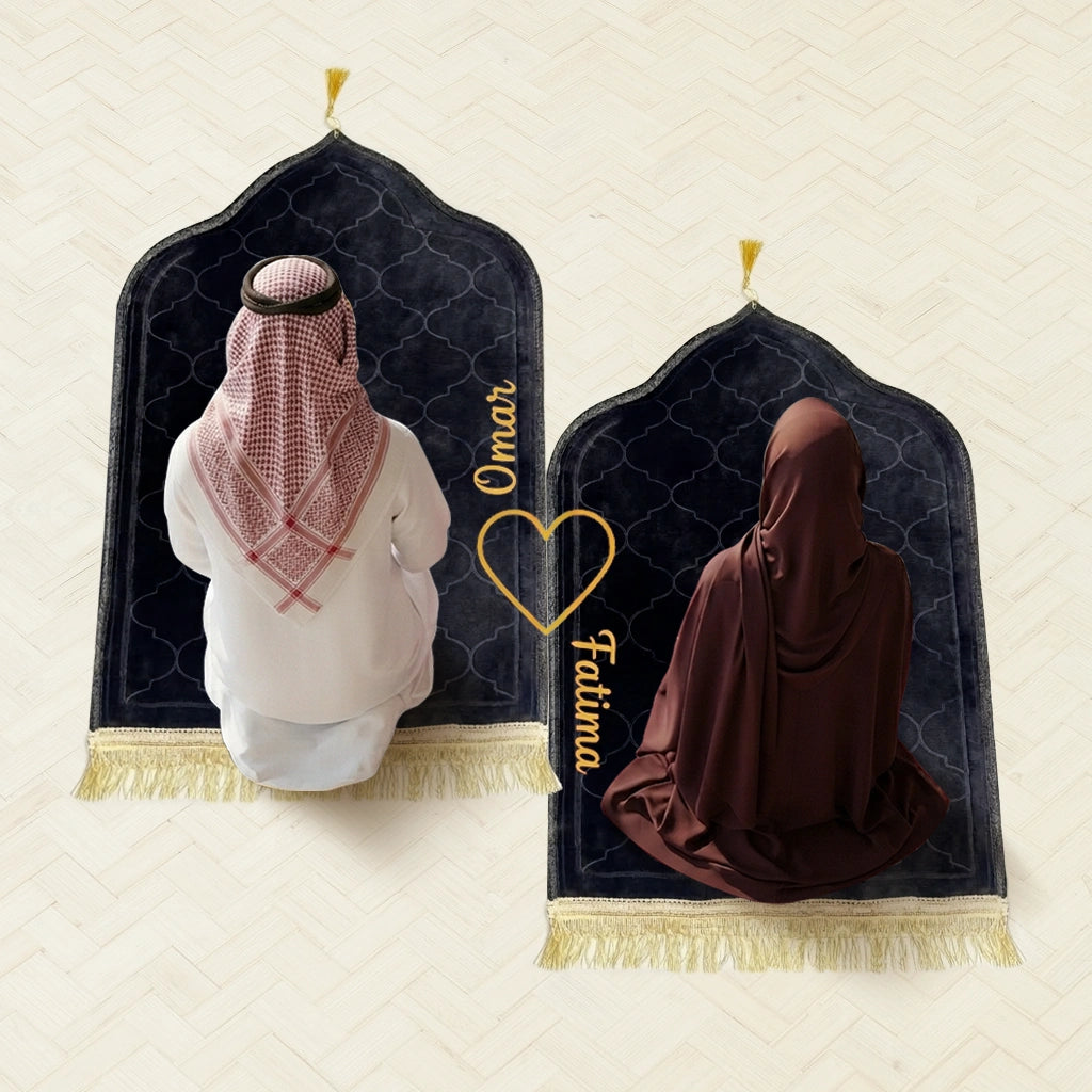 Personalized Black Velvet Couple Prayer Mat Set with Gold Calligraphy and Dome Design