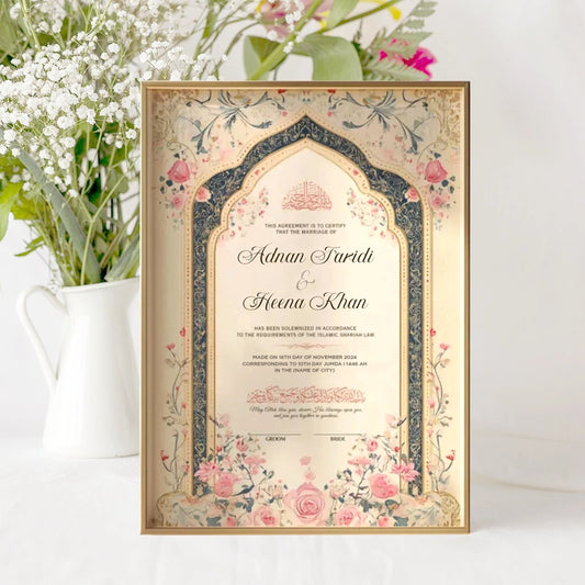 Dome Classic Floral personalized Islamic Nikah Nama frame with navy archway design, blooming pink roses, and elegant calligraphy.