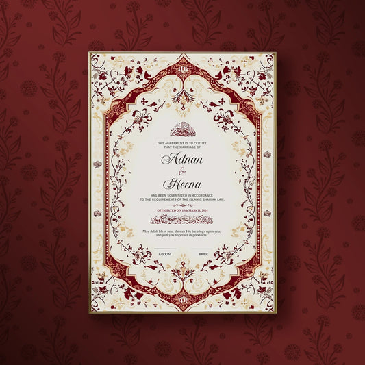 Regal Bloom personalized Islamic Nikah Nama frame with deep crimson red archways, gold filigree scrollwork, and Arabic calligraphy.