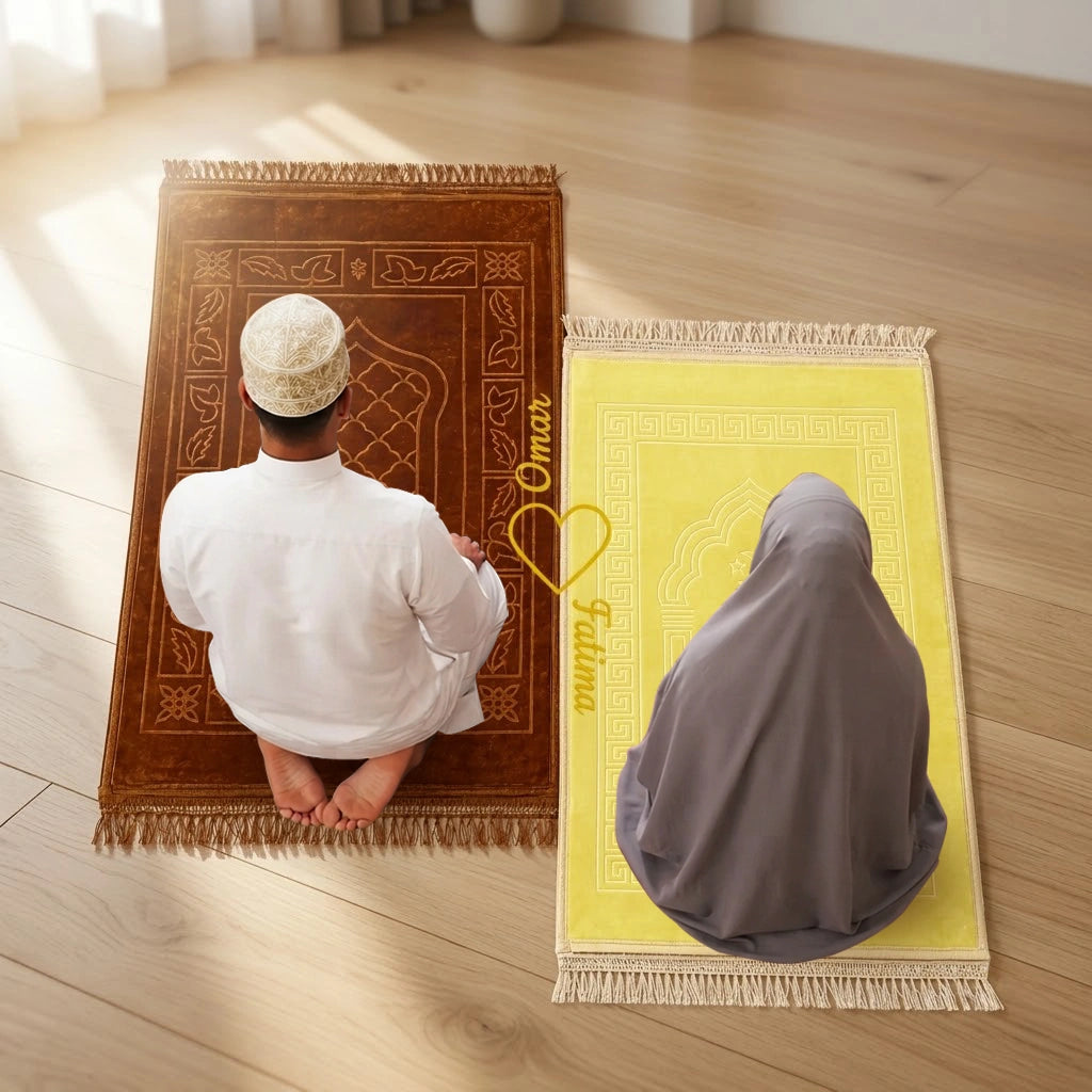 Personalized Golden and Offwhite Velvet Couple Prayer Mat Set with Gold Calligraphy