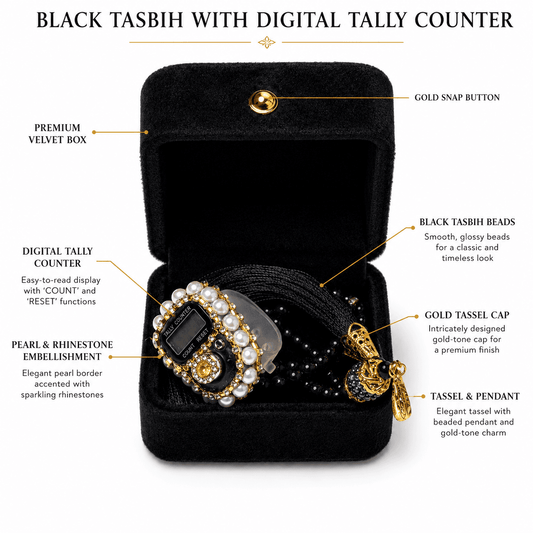 Luxury Black & Gold Tasbih Gift Set | Digital Zikr Counter Gift Box.