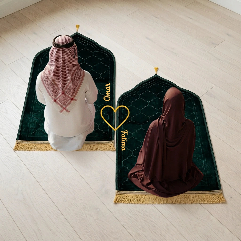 Personalized Green Velvet Dome Couple Prayer Mat Set with Gold Calligraphy