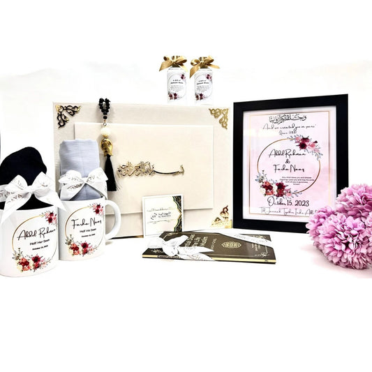 Elegant soft theme Personalized Couples Hamper Box | Islamic Wedding & Nikah Gift with Zamzam, Frame & Mugs