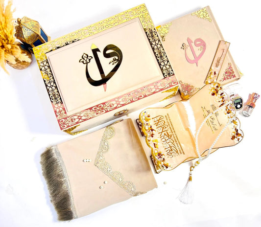 Premium Islamic Quran hamper with velvet Quran, prayer rug, resin Quran stand, tasbih, bookmark and halal attar, perfect for Nikah or Eid gifting