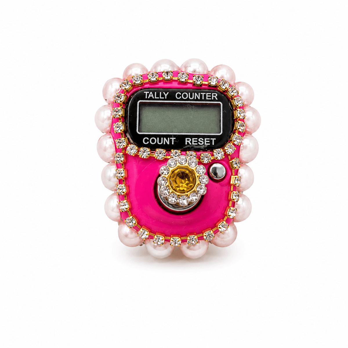 Pink tally counter with pearls and gemstones on a white background