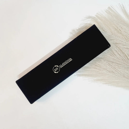 Black Luxe Velvet Box with black crystal tasbih and silver Bismillah bookmark, perfect Muslim favor gift.