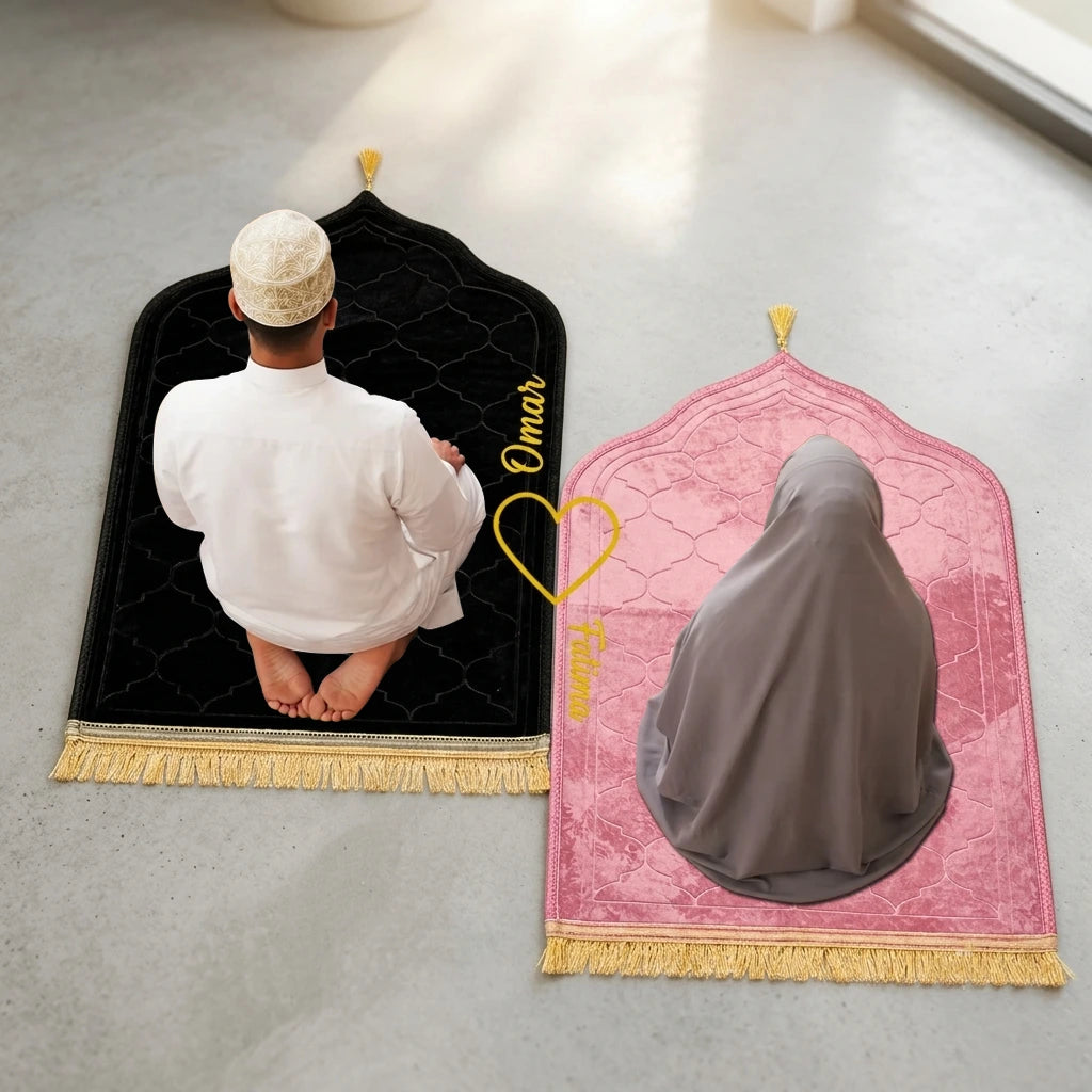 Personalized Couple Prayer Mat Set Black and Pink Velvet Dome Janamaz