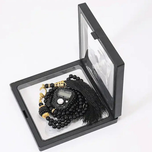 Black Prayer Beads Tasbeeh Favor – 99 Glass Beads with Digital Counter Gift Box