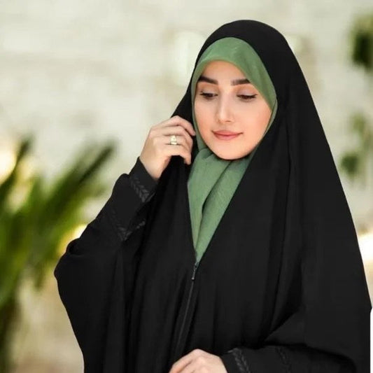 Black Irani zipper abaya dress made from Nida fabric with cuffed sleeves.