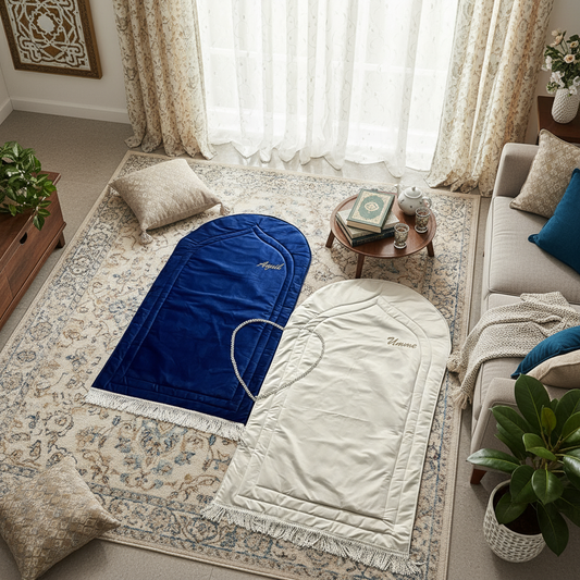 Personalised blue and white velvet couple prayer rug set for Muslim couples, ideal as a Nikah or wedding gift, handcrafted for comfort and elegance