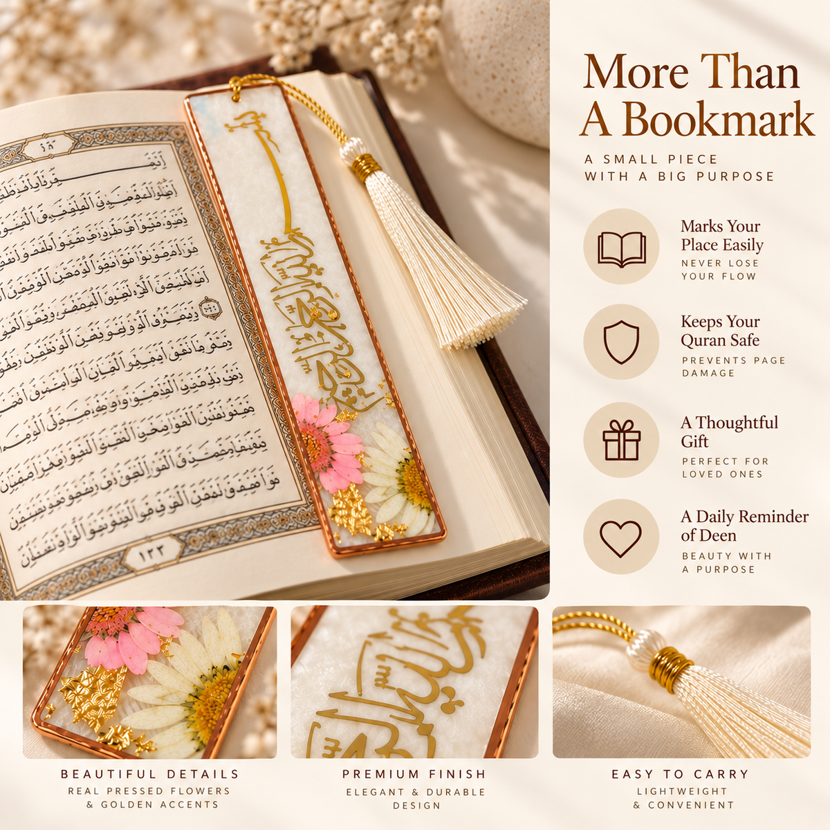 An ornate rectangular bookmark plaque with a tassel, shown beside an open book page printed with Arabic script. The bookmark has gold Arabic calligraphy, a cream tassel, and pressed pink flowers with gold accents.