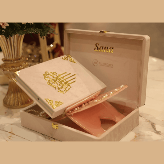 Luxury Islamic Quran Gift Set featuring premium velvet Quran, handmade resin rehal, and personalized keepsake box. Perfect for Nikah, Ramadan, Eid & Muslim wedding gifting.