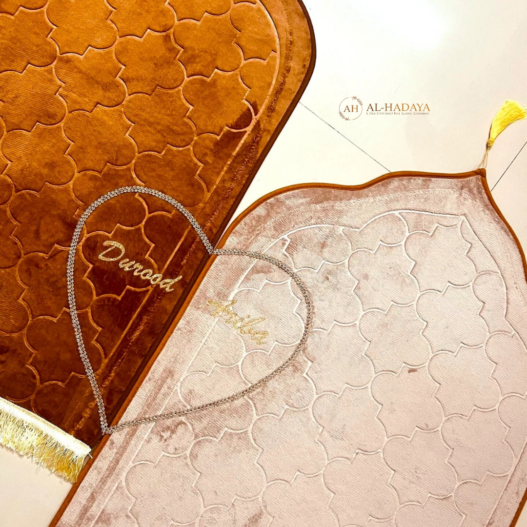 Velvet couple prayer mat set in matching tones symbolizing love and faith