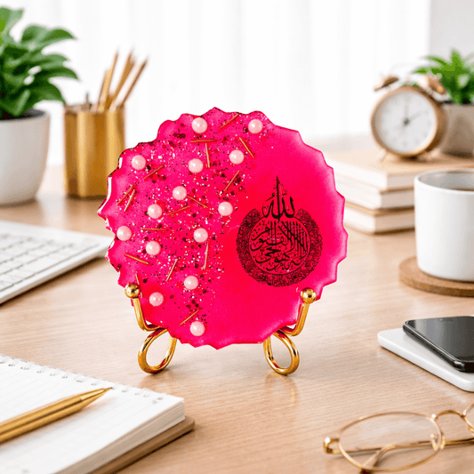 Pink Resin Table Decor with Gold Stand | Islamic Calligraphy.