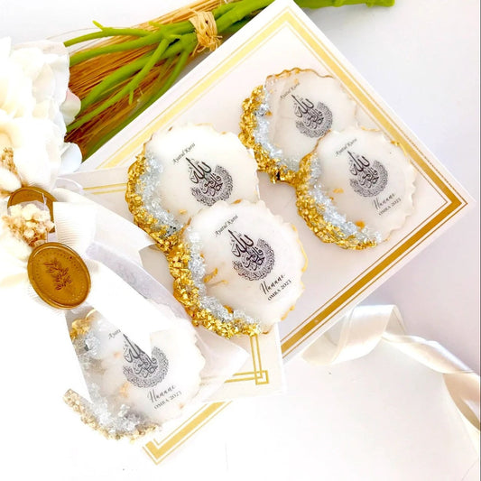 Custom White and golden Ayatul Kursi magnet favors for Islamic baby shower or wedding