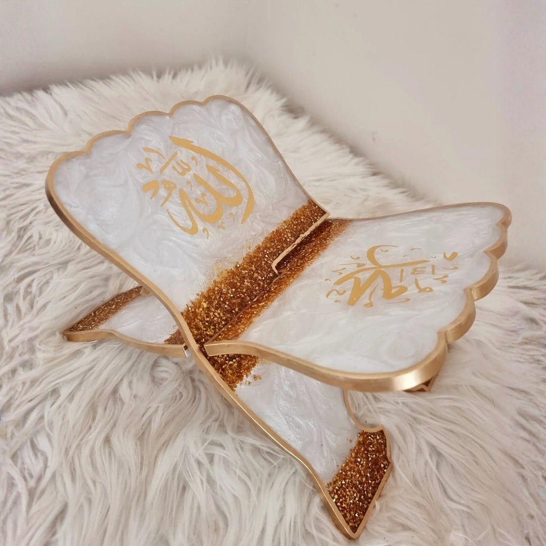 Personalized Islamic Quran holder stand with Iqra tasbeeh and book display.