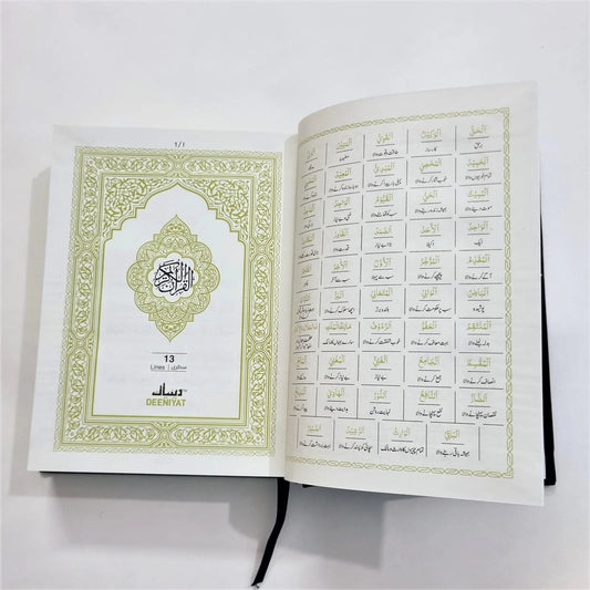 High-quality Deeniyat Arabic Quran with 13 lines per page, blue hardcover binding, and clear Arabic calligraphy.