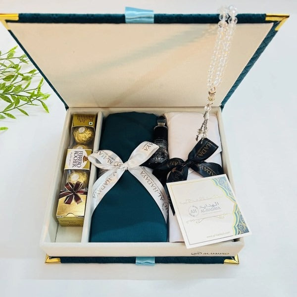 Personalized His & Her Islamic hamper with white oud perfume, hijab, kifaya, attar, chocolates and crystal tasbih.