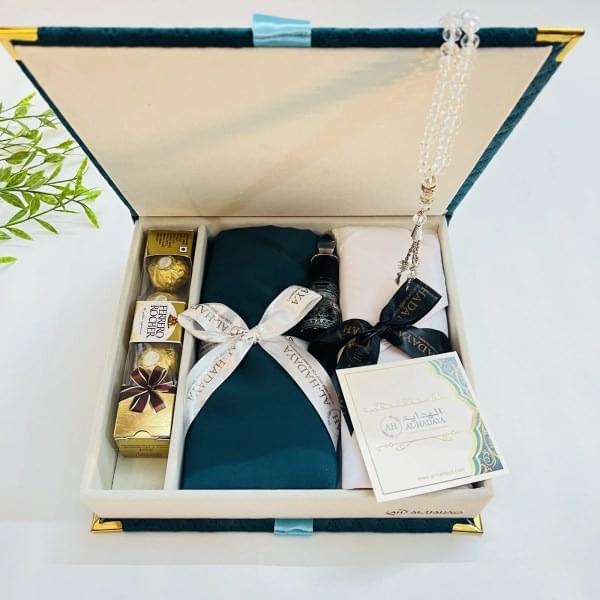 Personalized His & Her Islamic hamper with white oud perfume, hijab, kifaya, attar, chocolates and crystal tasbih.
