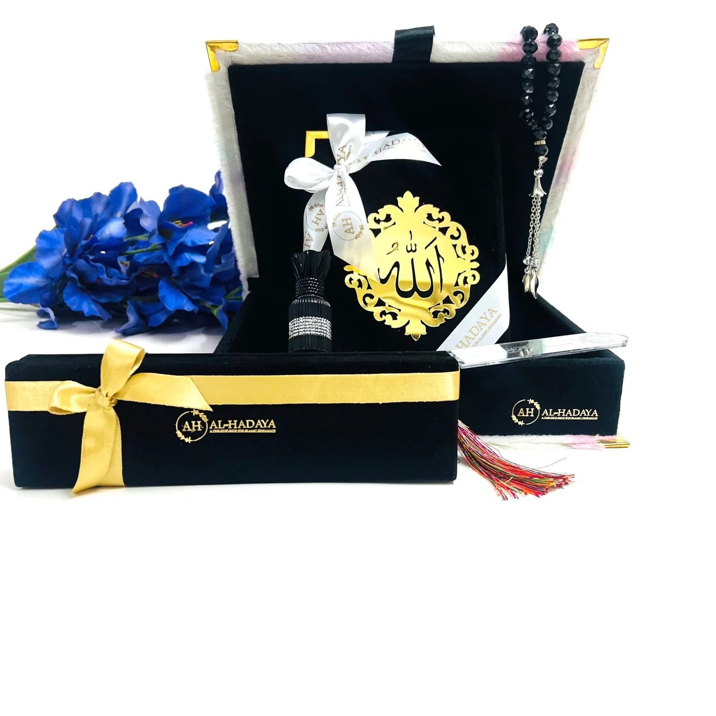 Elegant soft fur Quran gift box in rainbow tones with crystal tasbih and personalized options.