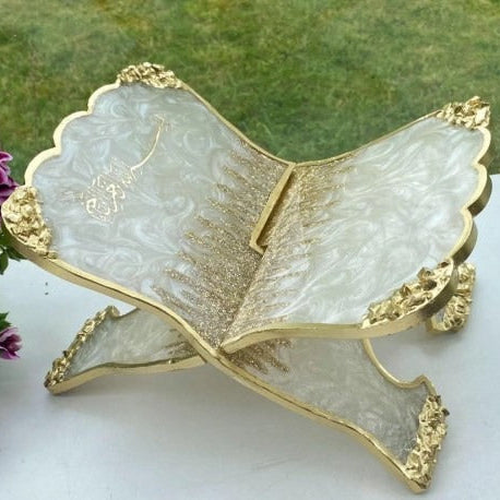 Elegant off white and golden Islamic book stand made of premium resin for Quran display and home decor