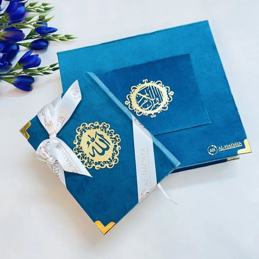 Elegant Quran gift set for father with velvet cover, tasbih, and silver Bismillah bookmark.
