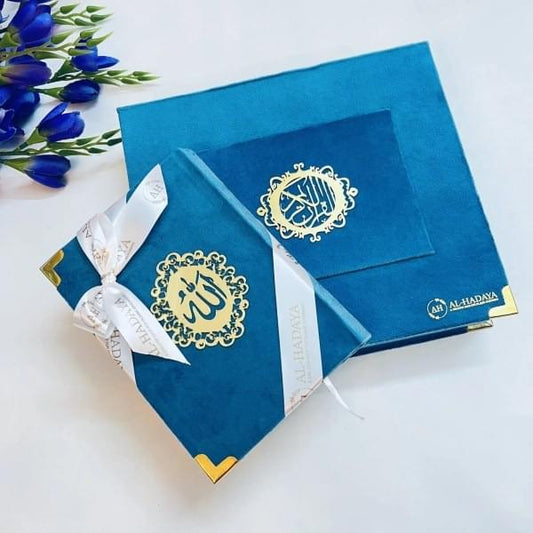 Elegant Quran gift set for father with velvet cover, tasbih, and silver Bismillah bookmark.