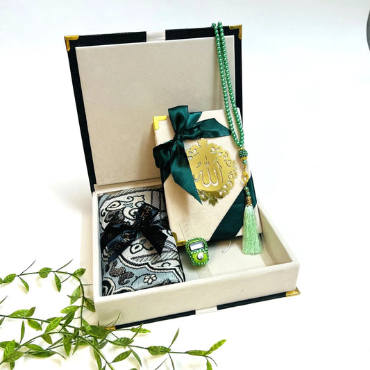 Bottle green velvet Quran gift set with Madina design box, prayer mat, tasbih, and counter.