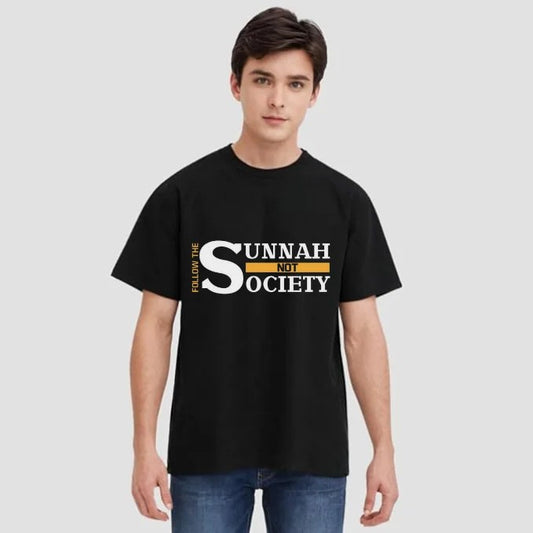 Black cotton Islamic T-shirt for men with “Follow the Sunnah Not Society” white and yellow print.