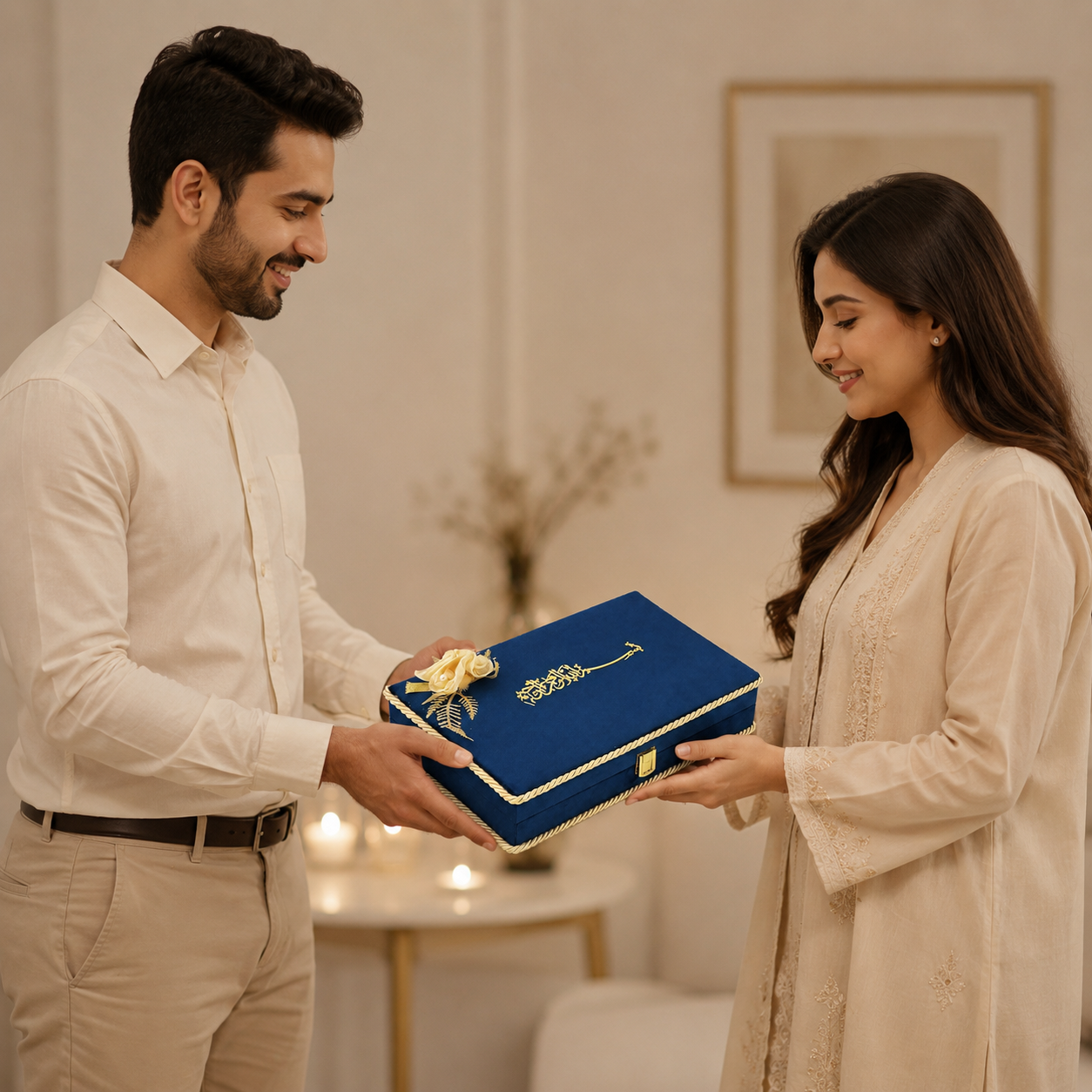 A man in a white shirt and khaki pants hands a royal blue gift box with gold embroidery and a small yellow flower to a woman in a cream embroidered kurta in a warmly lit, modern living room setting.