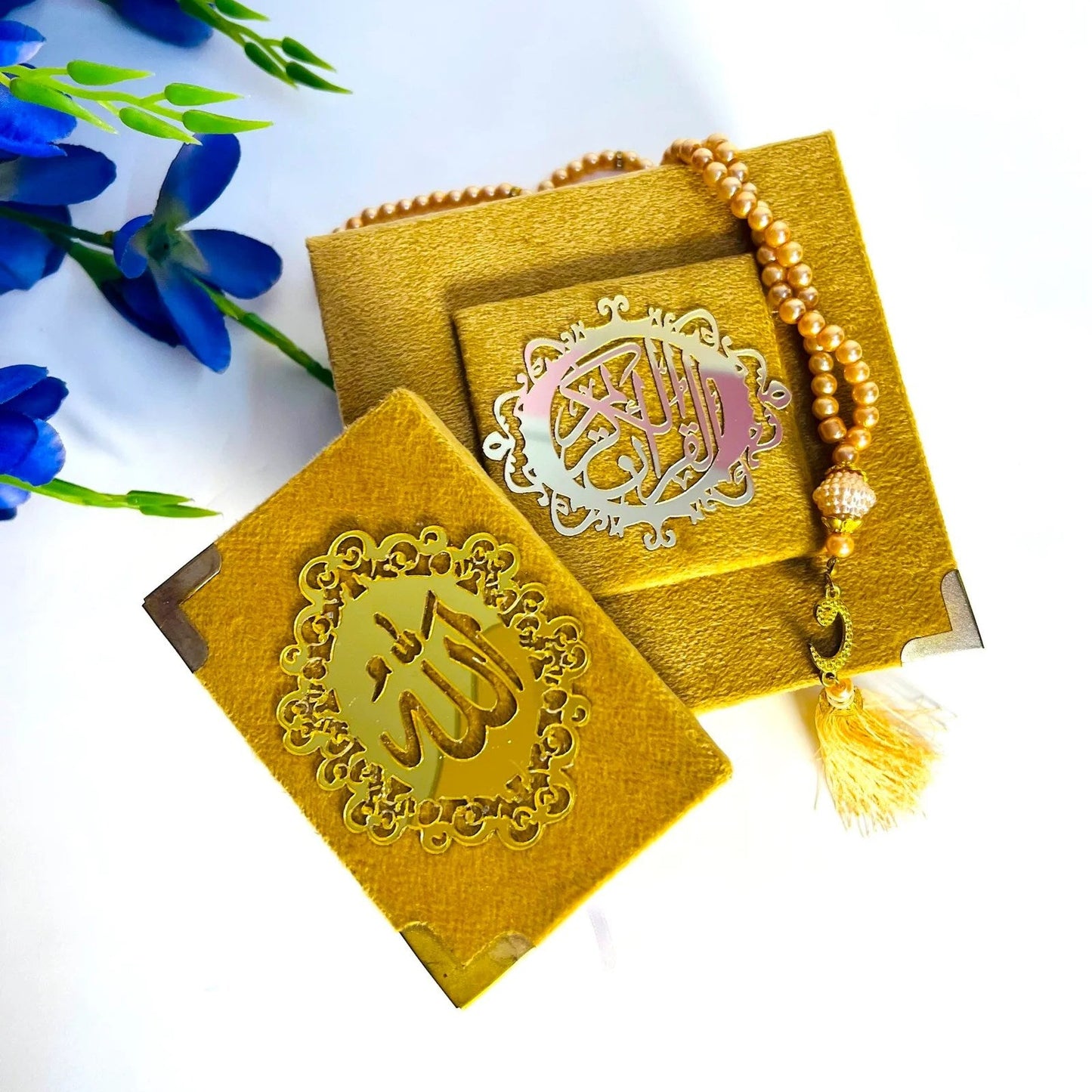 Handmade Golden mini Quran and tasbih favor box – luxury Ramadan and Nikah gift.