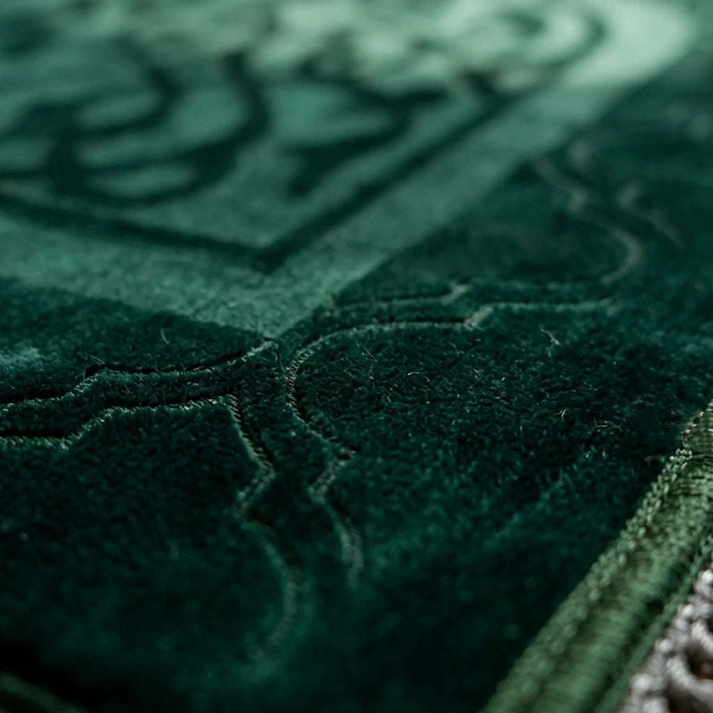 Personalized Couple Prayer Mat Set Dark Green Velvet Rectangle Janamaz