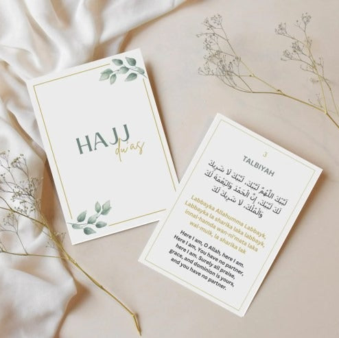 Hajj and Umrah pocket flashcards for pilgrims with duas and translations.