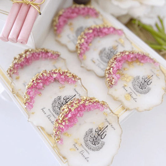 Personalized pastel pink Islamic party favor magnet with Arabic calligraphy