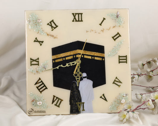 Handmade personalised Kaaba couple wall clock 12x12 inch, resin Islamic art with natural stones, customisable names and dates, perfect Islamic wedding or anniversary gift.