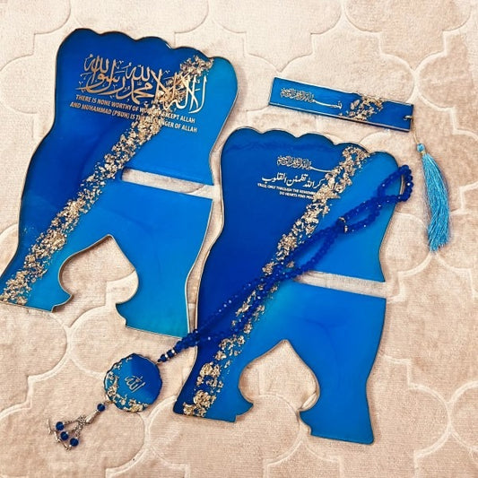 Handmade resin Quran holder in blue and gold with pressed flowers and matching tasbih.