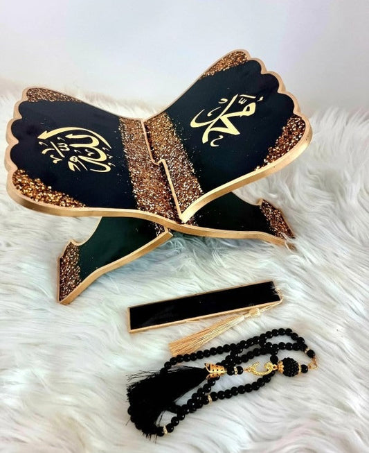 “Custom black and gold Quran rehal with gold detailing and tasbeeh set”