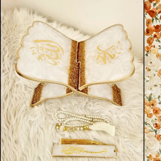 Handmade white and gold resin Quran stand with matching bookmark and tasbeeh.