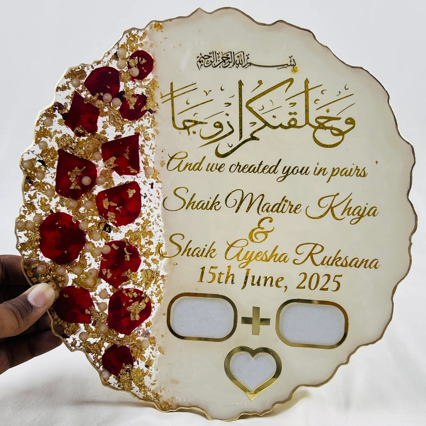 Handmade personalized wedding resin thumb tray for Nikah or engagement, featuring Quran verse “And We created you in pairs” (78:8), elegant Islamic wedding gift decor.